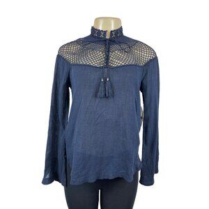 Free People Women's Indigo Blue Boho Tassel Crochet Gauzy Mesh Blouse Top Sz XS